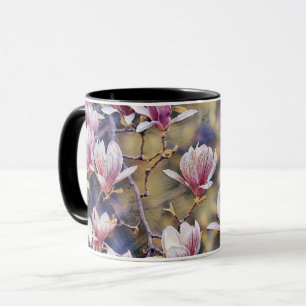 Taza Rama de magnolia rosa acuarela color púrpura fondo