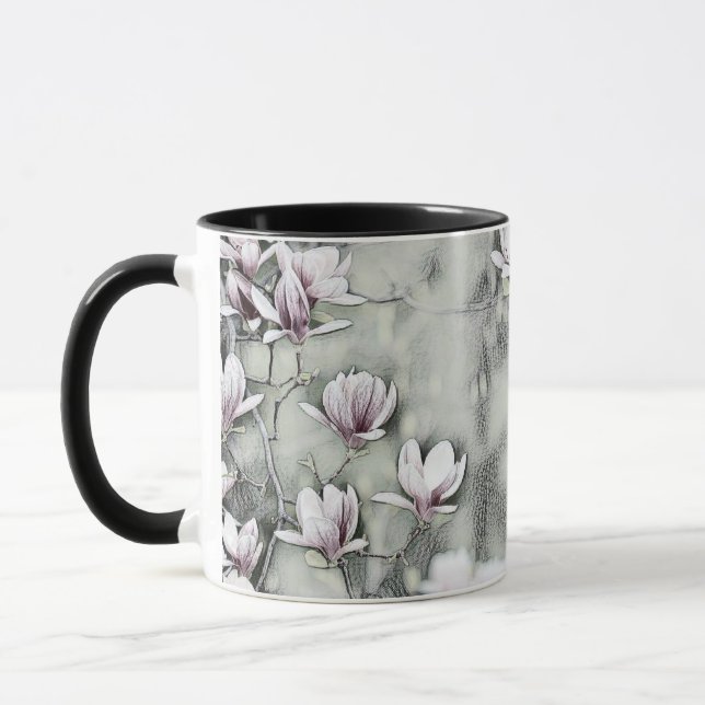 Taza Rama de magnolia rosa dibujando fondo negro gris (Izquierda)