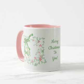 Taza Ramas de Acebo Verde Claro Rosa Navidad