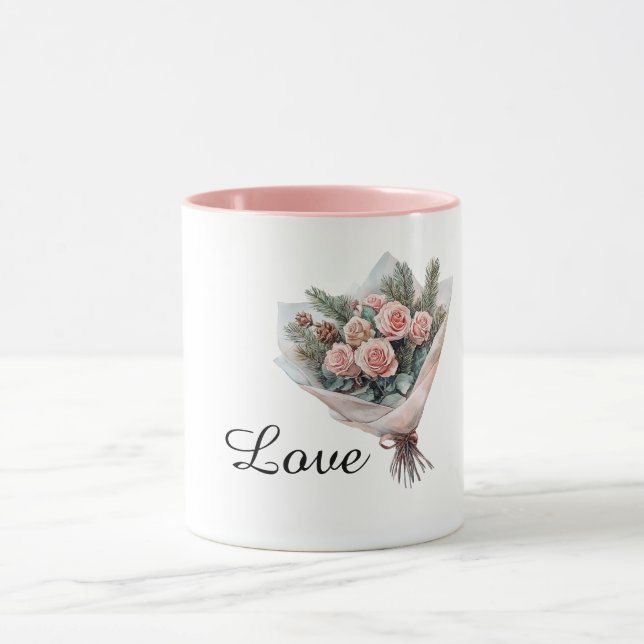 Taza Ramo de flores de rosas rosadas románticas (Centro)