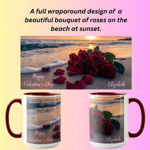 Taza Ramo de rosa en la playa al atardecer