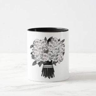 Taza Ramo de rosas de cráneo negro y blanco gótico
