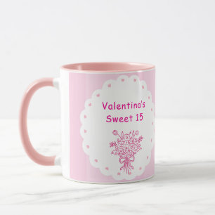 Taza Ramo Floral de Quinceañera Elegante   Rosa y Blanc