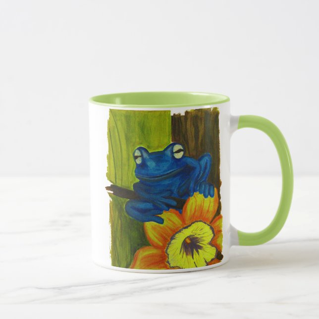 Taza Rana azul relajante en rama de flores y árboles (Derecha)