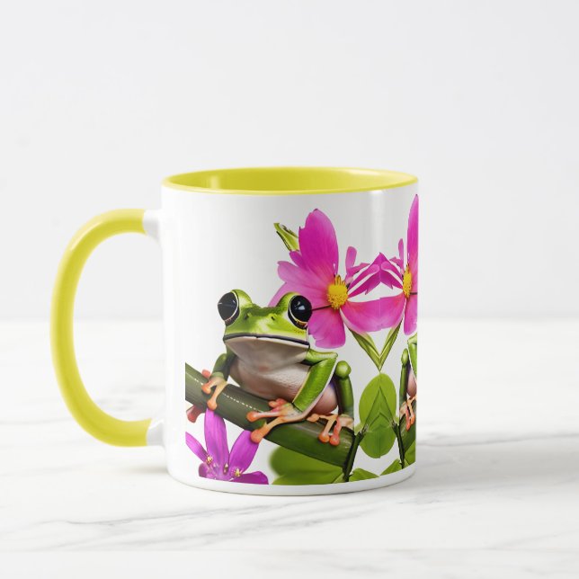 Taza Rana verde adorable rodeada de flores rosas (Izquierda)