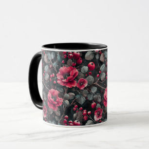 Taza Raspberry, flores borgoñas en gris oscuro