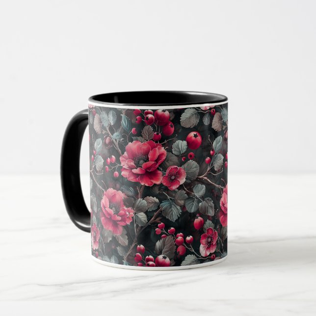 Taza Raspberry, flores borgoñas en gris oscuro (Anverso izquierdo)