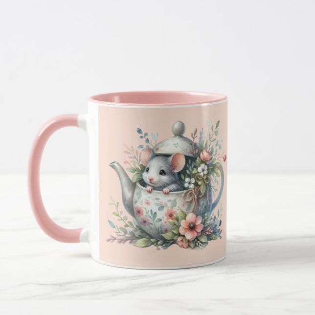 Taza Ratón lindo en Ilustracion de tetera floral (Izquierda)