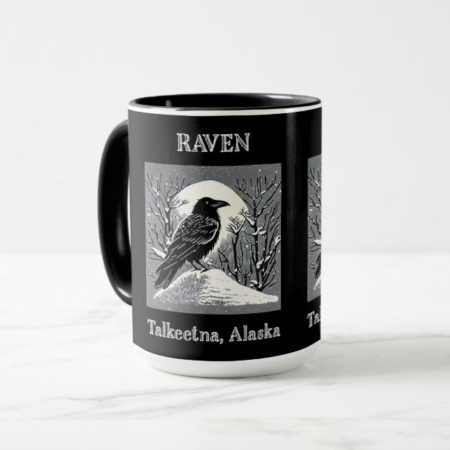 Taza Raven: Talkeetna, Alaska blanco y negro (Anverso izquierdo)