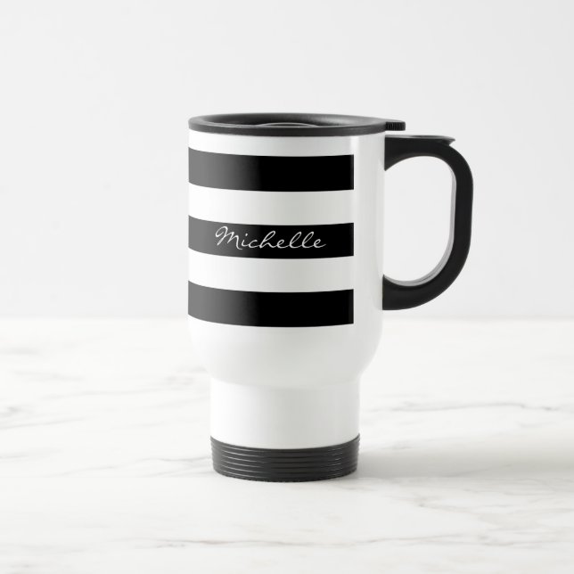 Taza rayada blanco y negro personalizada del viaje (Derecha)