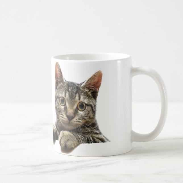 Taza rayada gris del gato de Tabby (Derecha)