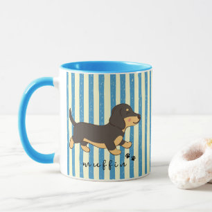Taza Rayas Azules Dachshund Negro y Canela Nombre 