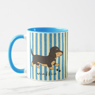 Taza Rayas Azules Dachshund Negro y Canela Nombre 