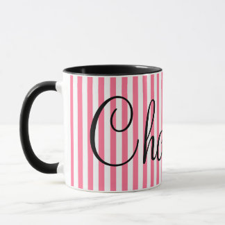 Taza Rayas blancas rosadas con nombre de encargo