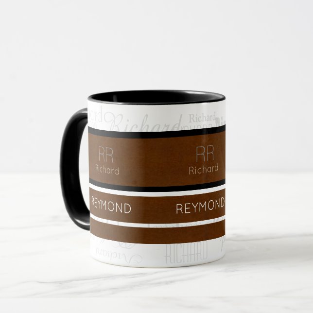 Taza rayas marrones modernas con nombre masculino (Anverso izquierdo)
