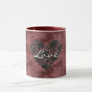 Taza Rayas rojas de Borgoña Encaje negro falso Corazón