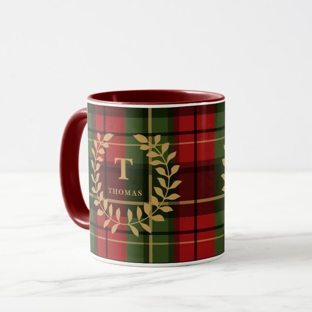 Taza Red And Green Plaid With Monogram Wreath And Name (Anverso izquierdo)