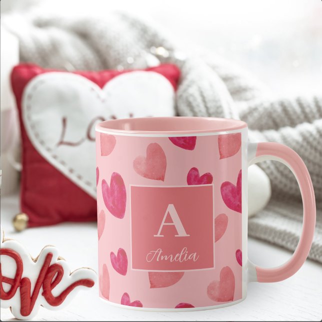Taza Red and Pink Heart Personalized Monogram Name (Subido por el creador)