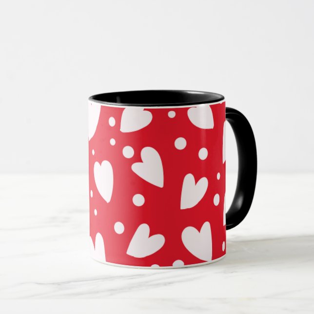 Taza Red and White Heart Pattern | Cute Valentine Love  (Anverso derecho)