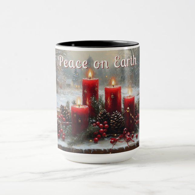 Taza Red Christmas Candles Pine Cones Peace on Earth  (Centro)