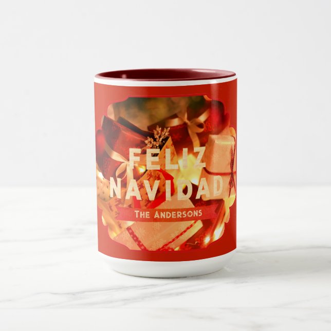 Taza Red Gold Feliz Navidad Script Navidades modernos (Centro)