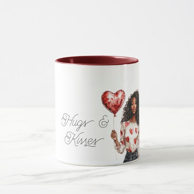 Taza Red Heart Balloon Black Girl Valentine Hugs Kisses (Centro)