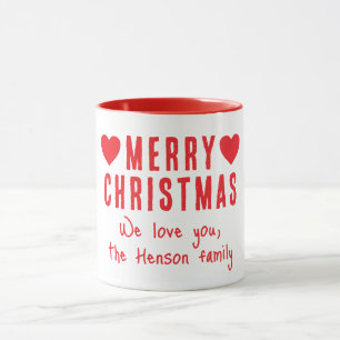 Taza Red Hearts Merry Christmas Family Name Gift