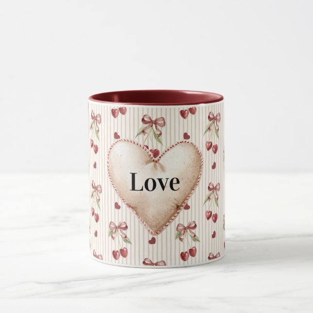 Taza Red Hearts Stripes Cherries Bows Valentine's Day (Centro)