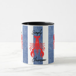 Taza Red Lobster sobre rayas de mezclilla azules y blan