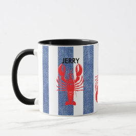 Taza Red Lobster sobre rayas de mezclilla azules y blan