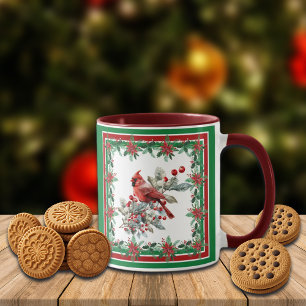 Taza Red Mockingbird Poinsettia Borders Red Green