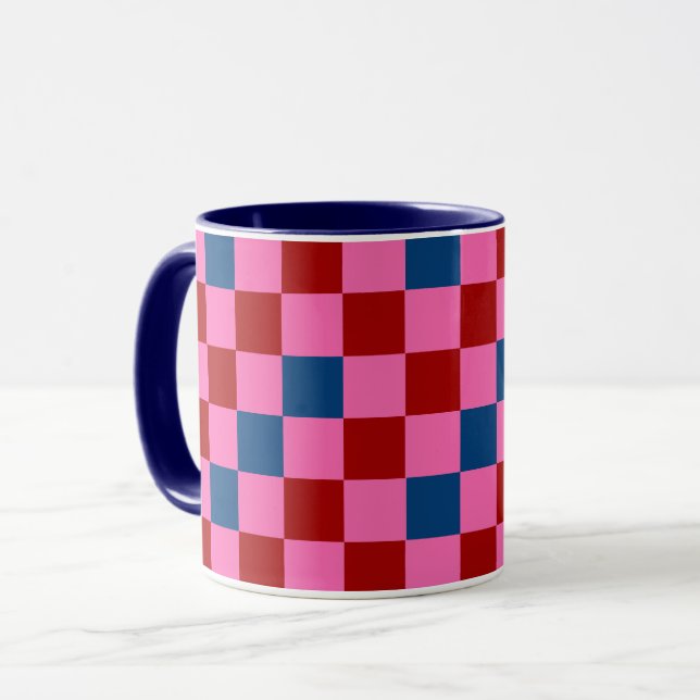 Taza Red Pink Blue Checkered Pattern Design  (Anverso izquierdo)
