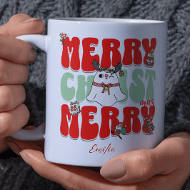 Taza Red Retro Groovy Feliz Navidad Nombre de Kawaii