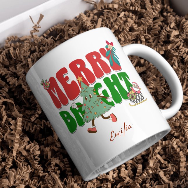 Taza Red Retro Merry Bright Name Christmas Tree (Subido por el creador)