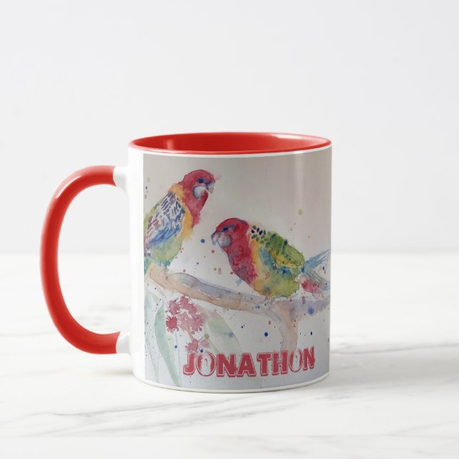 Taza Red Rosella Parrot acuarela Pintura Nombre Mug (Izquierda)