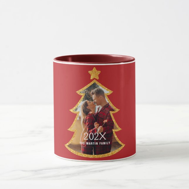 Taza Red Shiny Christmas Tree Personalized Photo (Centro)
