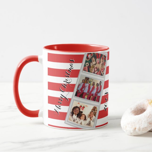 Taza Red Stripe Christmas Photo 3 Pictures Three Photo (Con donut)