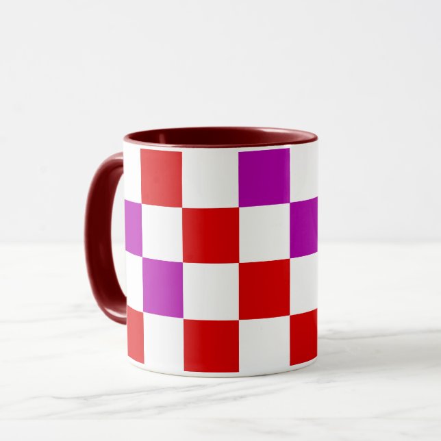 Taza Red White Purple Checkered Pattern Design  (Anverso izquierdo)