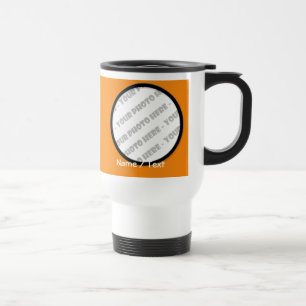 Taza redonda del viaje de la foto y del texto -
