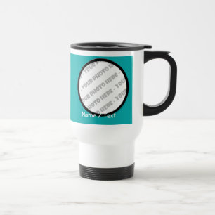 Taza redonda del viaje de la foto y del texto -
