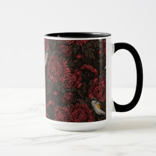 Taza Redstart en crisantemos en marrón y rojo