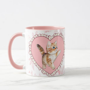 Taza Regalo de Coquette de Corazón de Gato Floral Rosa