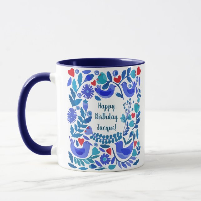 Taza Regalo de cumpleaños personalizado de Folk Art Blu (Izquierda)