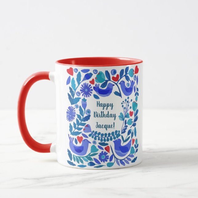 Taza Regalo de cumpleaños personalizado de Folk Art Blu (Izquierda)
