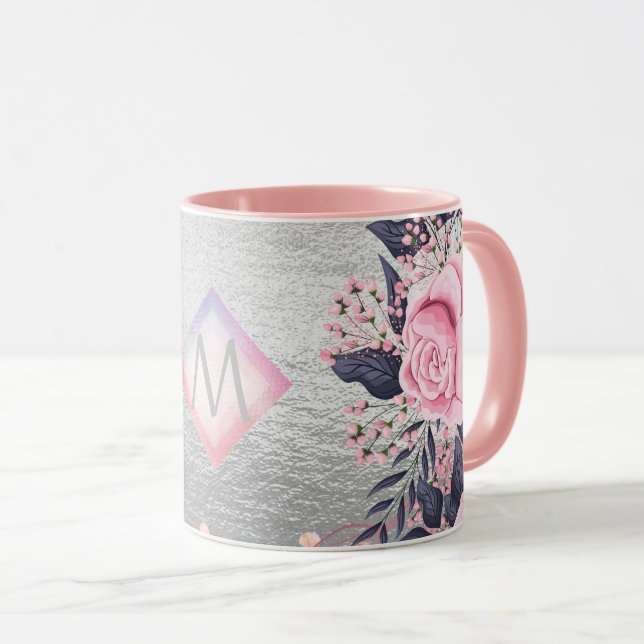 Taza Regalo de la Marina Plata Monograma Rosegold Girly (Anverso derecho)