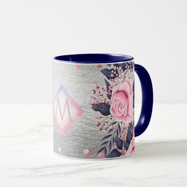 Taza Regalo de la Marina Plata Monograma Rosegold Girly (Anverso derecho)