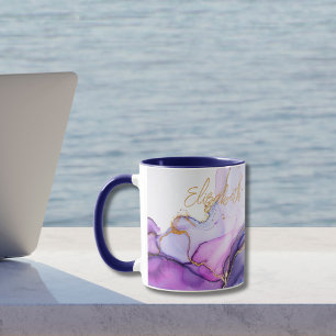 Taza Regalo de Monograma de Acuarela Azul Oro Púrpura p