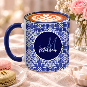 Taza Regalo de Monograma Inicial Azul Elegante