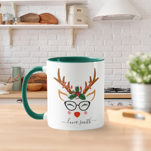 Taza Regalo de Navidad Feliz Caras de Reno Lindas Verde