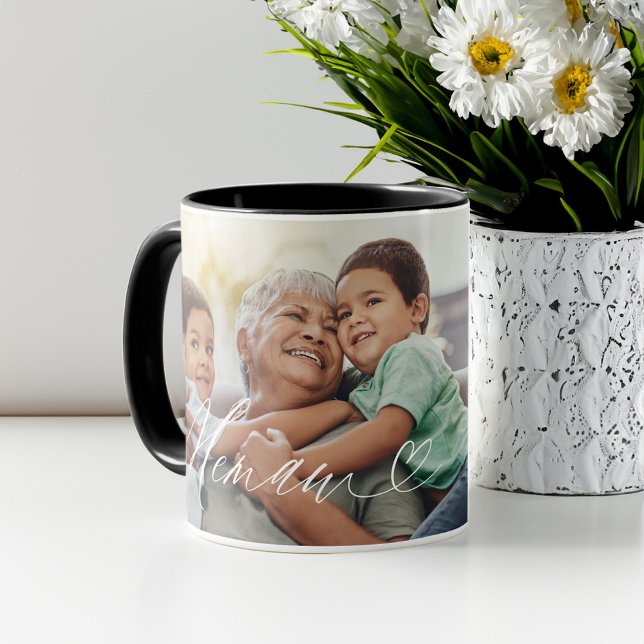Taza Regalo Elegante Personalizado de Día de la Madre c (Memaw Script Heart Grateful for Every Moment Photo Mug)